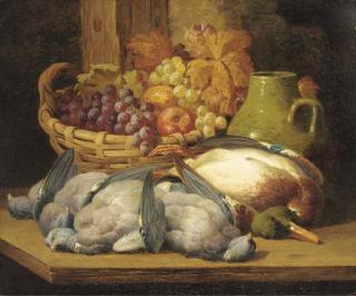 William Duffield - Dead game, grapes and apples in a wicker basket, and a green ceramic pot, on a wooden table