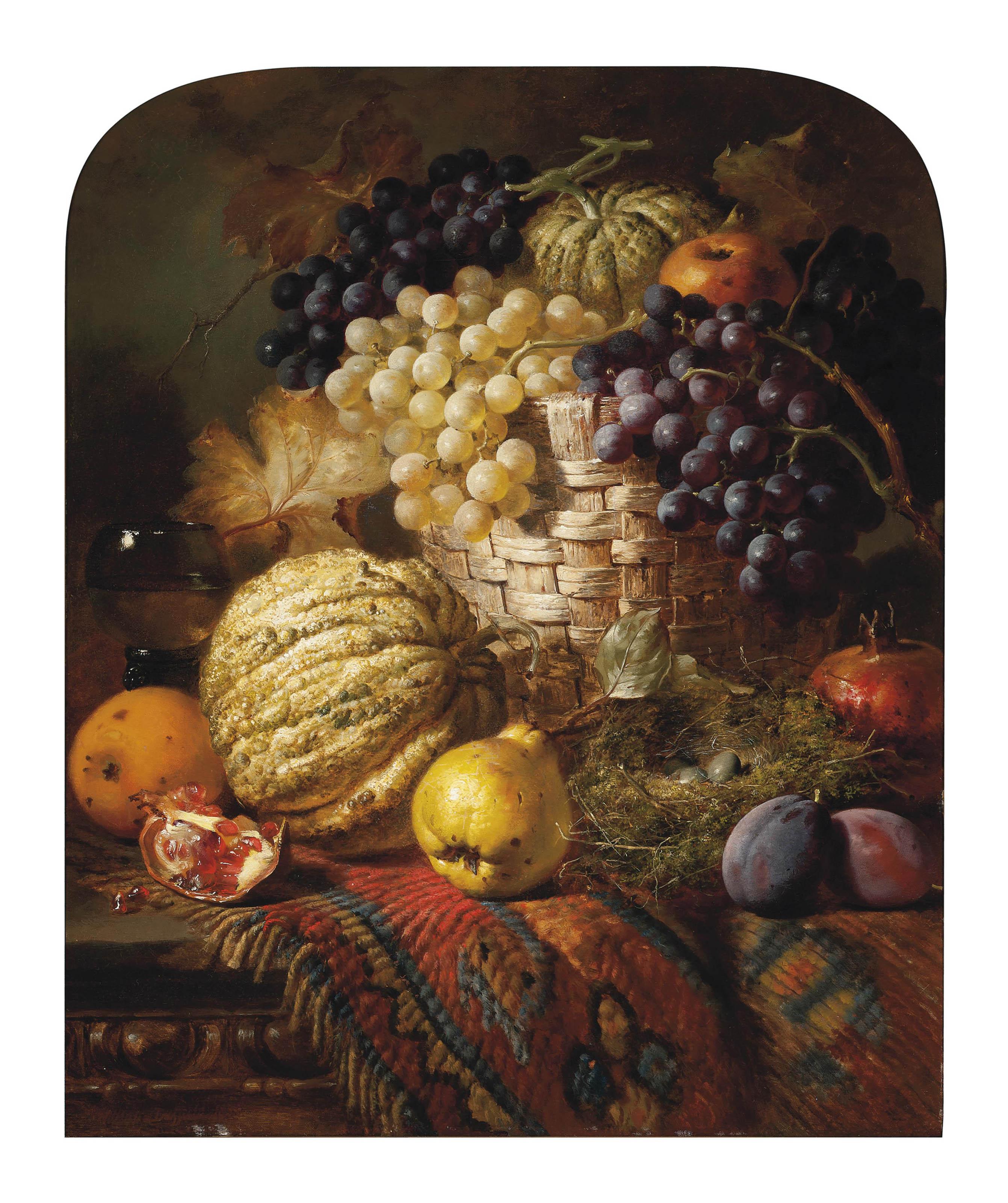 William Duffield - Fruit, a roemer, a wicker basket and bird\'s nest on a wooden table