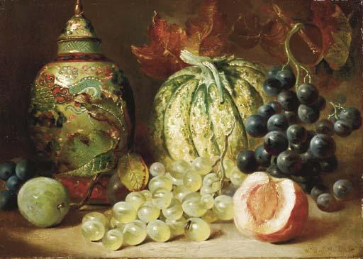William Duffield - Grapes, a Gourd, a Peach and a Chinese Vase on a Table