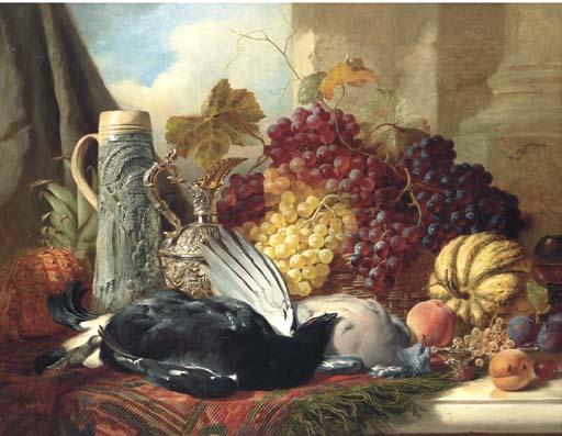 William Duffield - Still Life of Black Cock, Wood Pigeon, A Stein, Silver Gilt Claret Jug And Red Grapes, A Gourd, Peaches, Plums, Whitecurrants And Raspberries On A Marble Ledge
