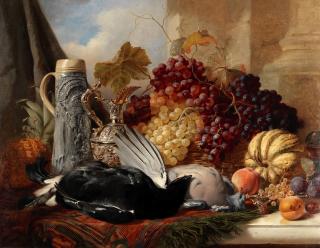 William Duffield - Still life of fruit and game with a claret jug and stein