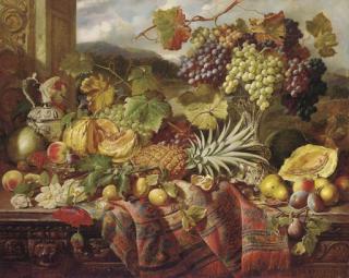 William Duffield - Still life with peaches, a pomegranate, grapes in a tazza, a pineapple, an orange, plums and pears, amongst roses, poppies and vines on a carved oak chest, draped with a rug, a landscape beyond