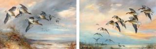 William E. Powell - Grey Lag Geese In Flight; And Grey Lag Geese Coming Into Land