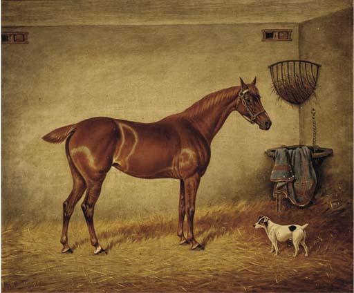 William Eddowes Turner - A chestnut racehorse and a Jack Russell in a stable