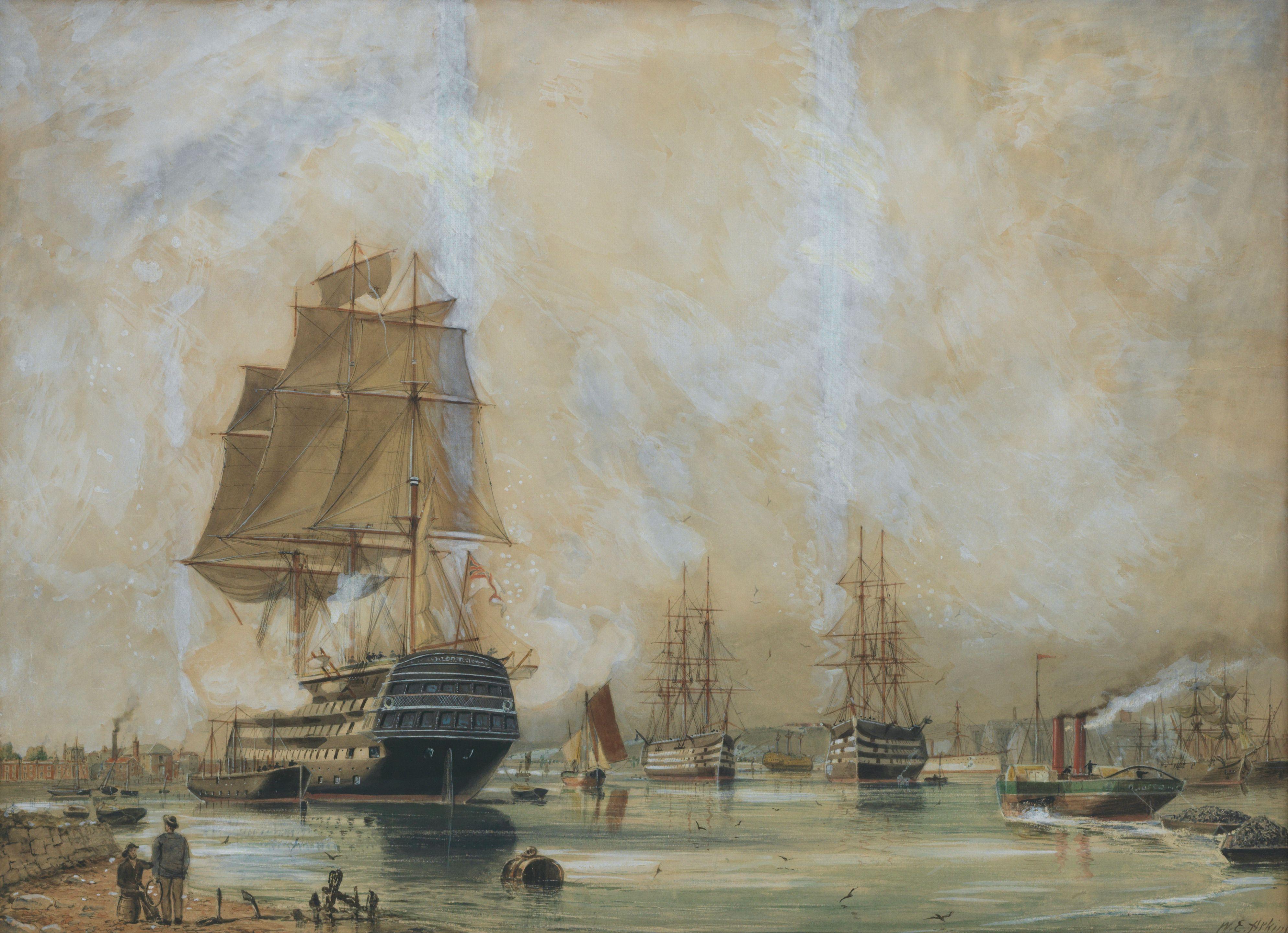 William Edward Atkins - A Euphrates class troopship preparing to depart from Portsmouth naval base;