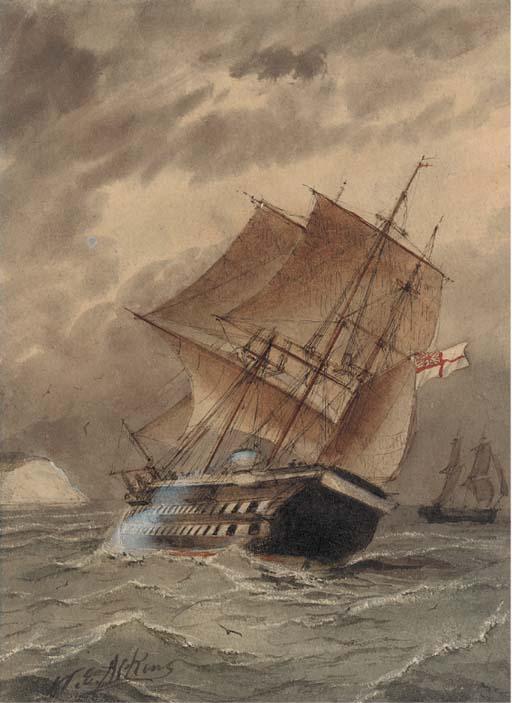 William Edward Atkins - A Royal Naval Two-Decker Heeling In The Breeze