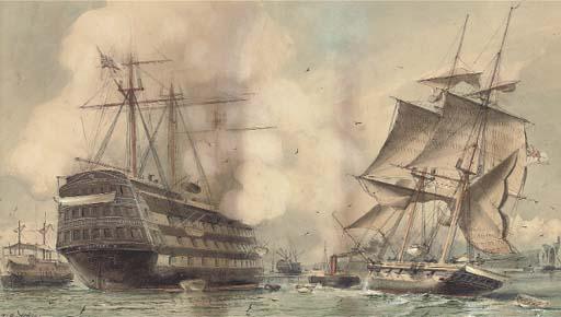 William Edward Atkins - H.M.S. Victory saluting a Royal Navy brig being towed past the old flagship\'s permanent mooring into Portsmouth harbour