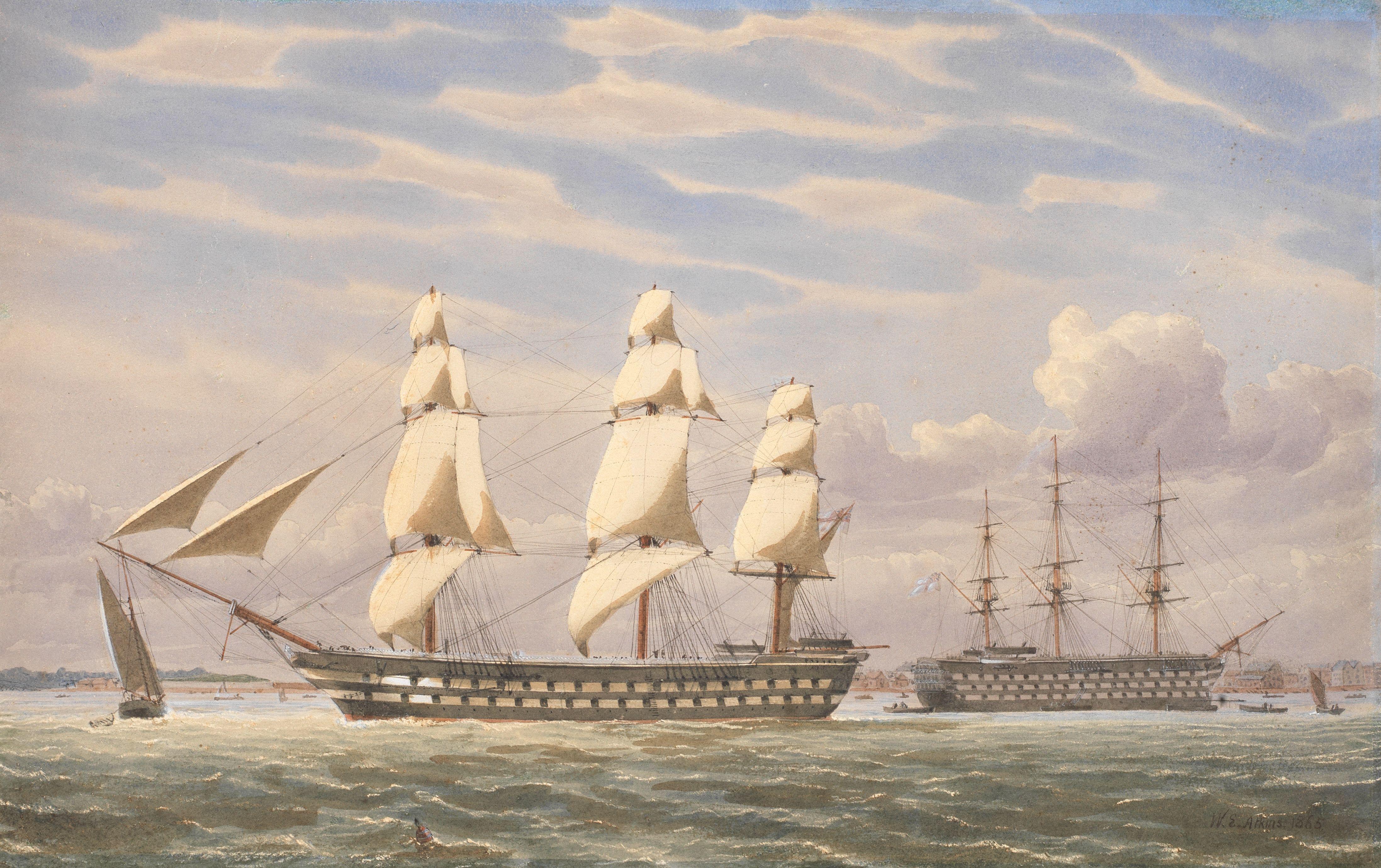 William Edward Atkins - HMS Edgar sailing out of Portsmouth Harbour, April 1865 unframed