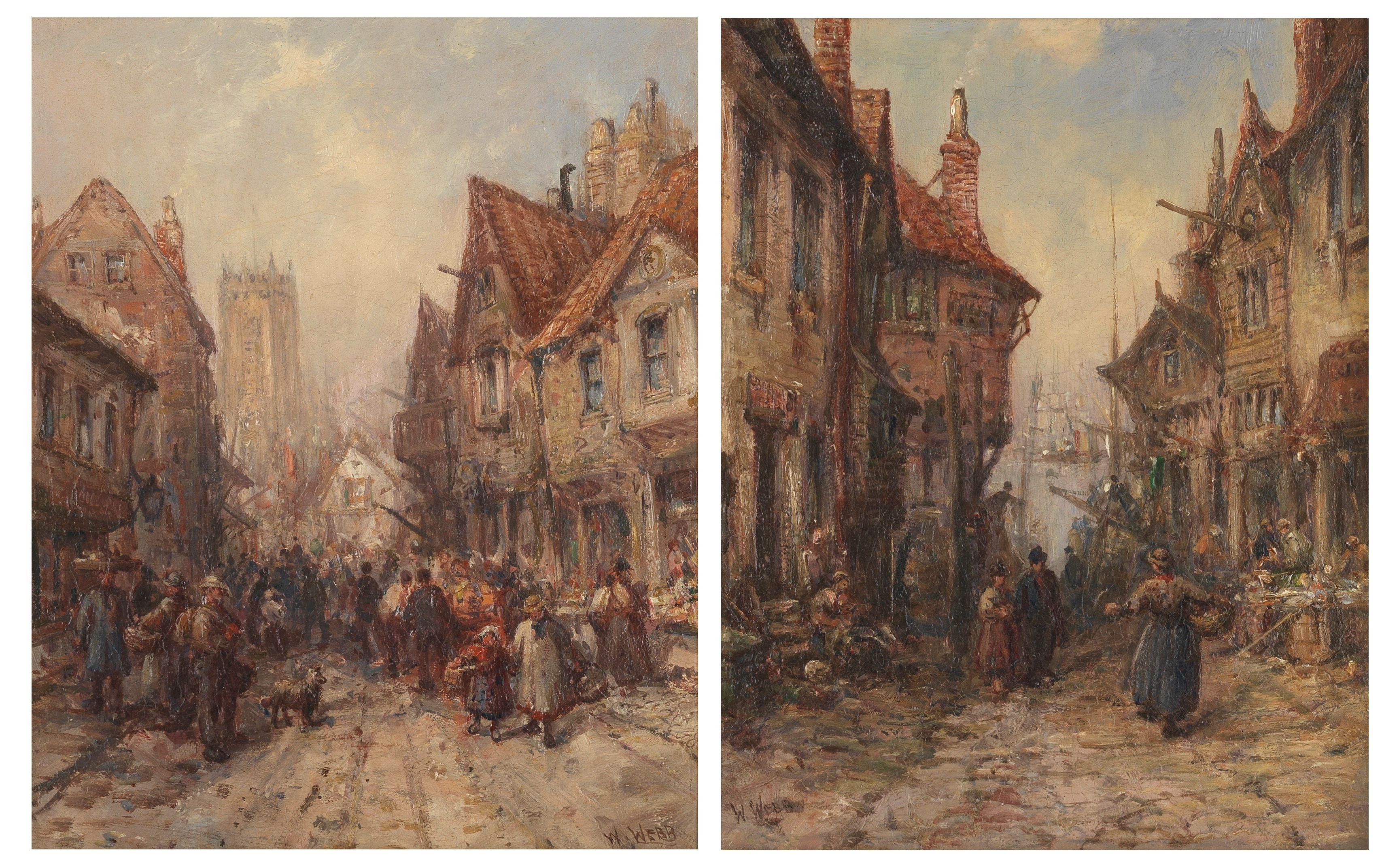William Edward Webb - A glimpse of port; A busy street scene, a pair each 25 x 21cm (9 13/16 x 8 1/4in) (2)