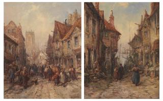 William Edward Webb - A glimpse of port; A busy street scene, a pair each 25 x 21cm (9 13/16 x 8 1/4in) (2)