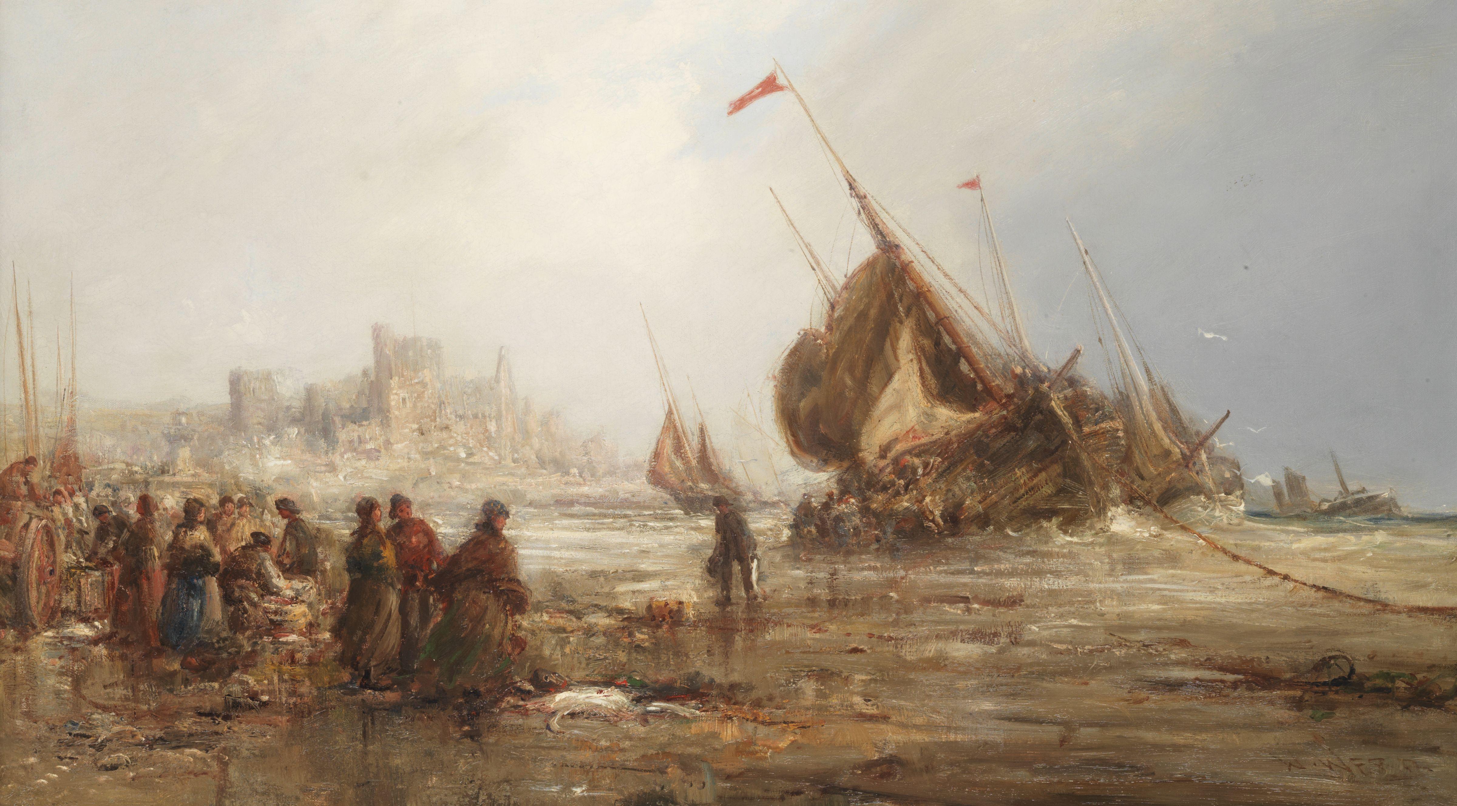 William Edward Webb - Fisherfolk and boats on Peel Beach looking towards Peel Castle, Isle of Man