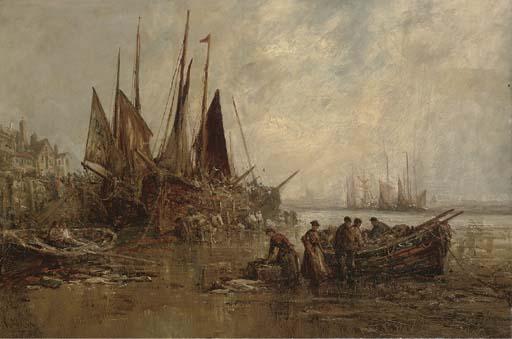 William Edward Webb - The Peel Fishing Fleet Unloading At Low Tide