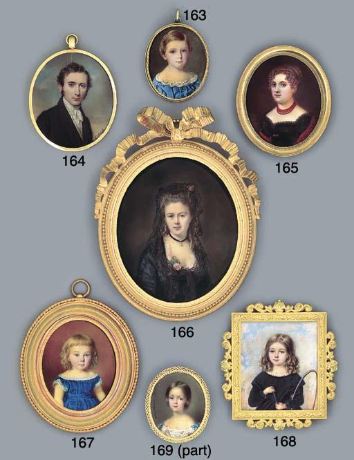 William Egley - Master Hornblow, in blue silk dress with lace collar, short blond hair