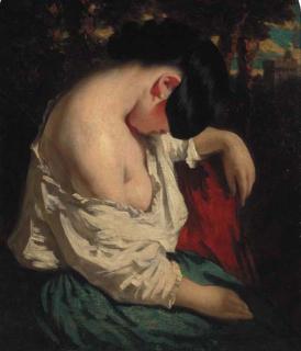 William Etty, R.A. - A female resting in a wooded landscape with a tower beyond