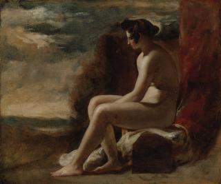 William Etty, R.A. - A seated female nude in a landscape