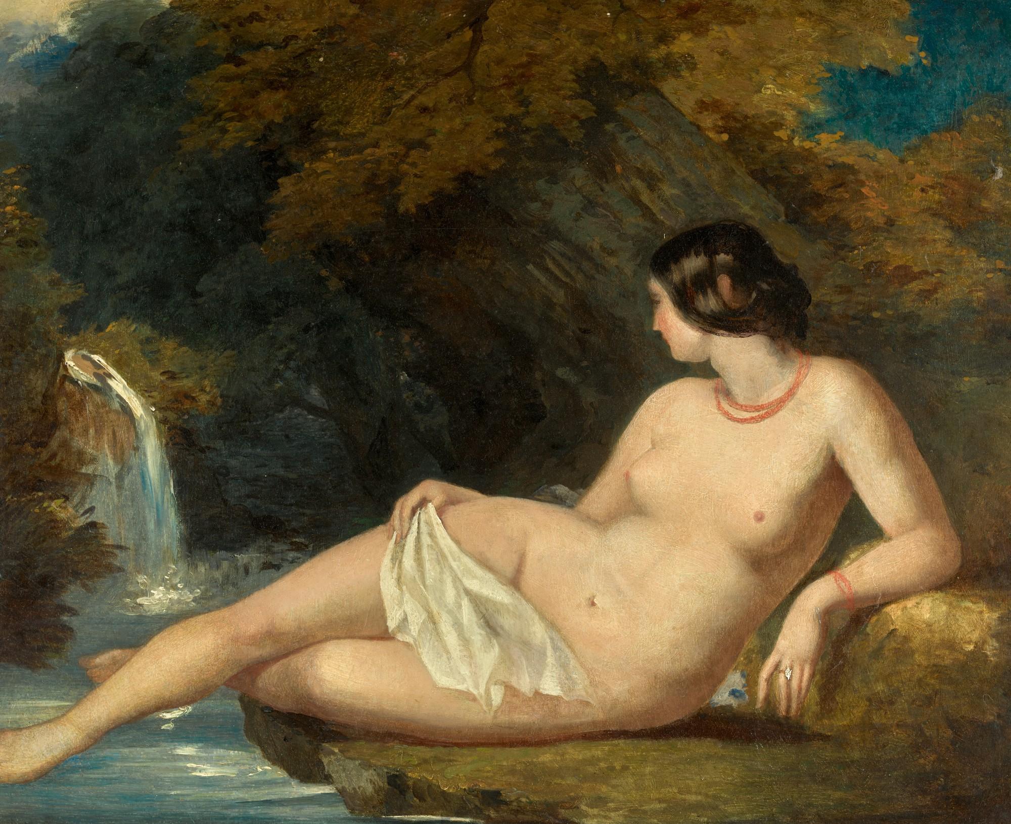 William Etty, R.A. - Reclining Female Nude By A Waterfall