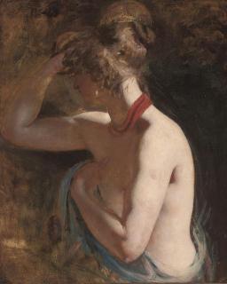 William Etty, R.A. - Study Of A Female Nude, Half-Length, Draped In A Blue Wrap With A Red Scarf Around Her Neck