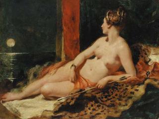 William Etty, R.A. - Venus reclining, holding an arrow, looking towards a full moon