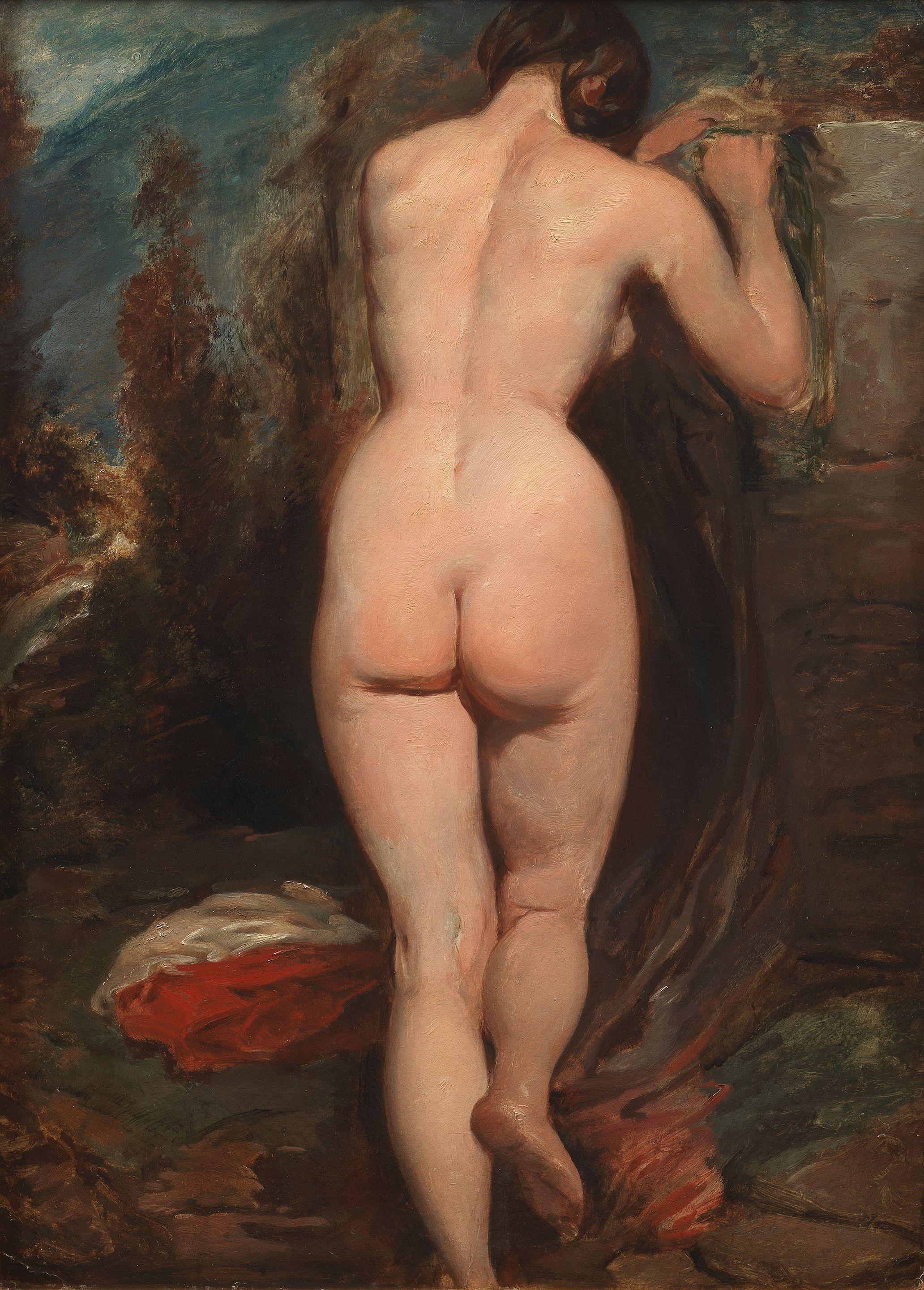 William Etty, RA - Female nude, seen from behind, leaning on a rock