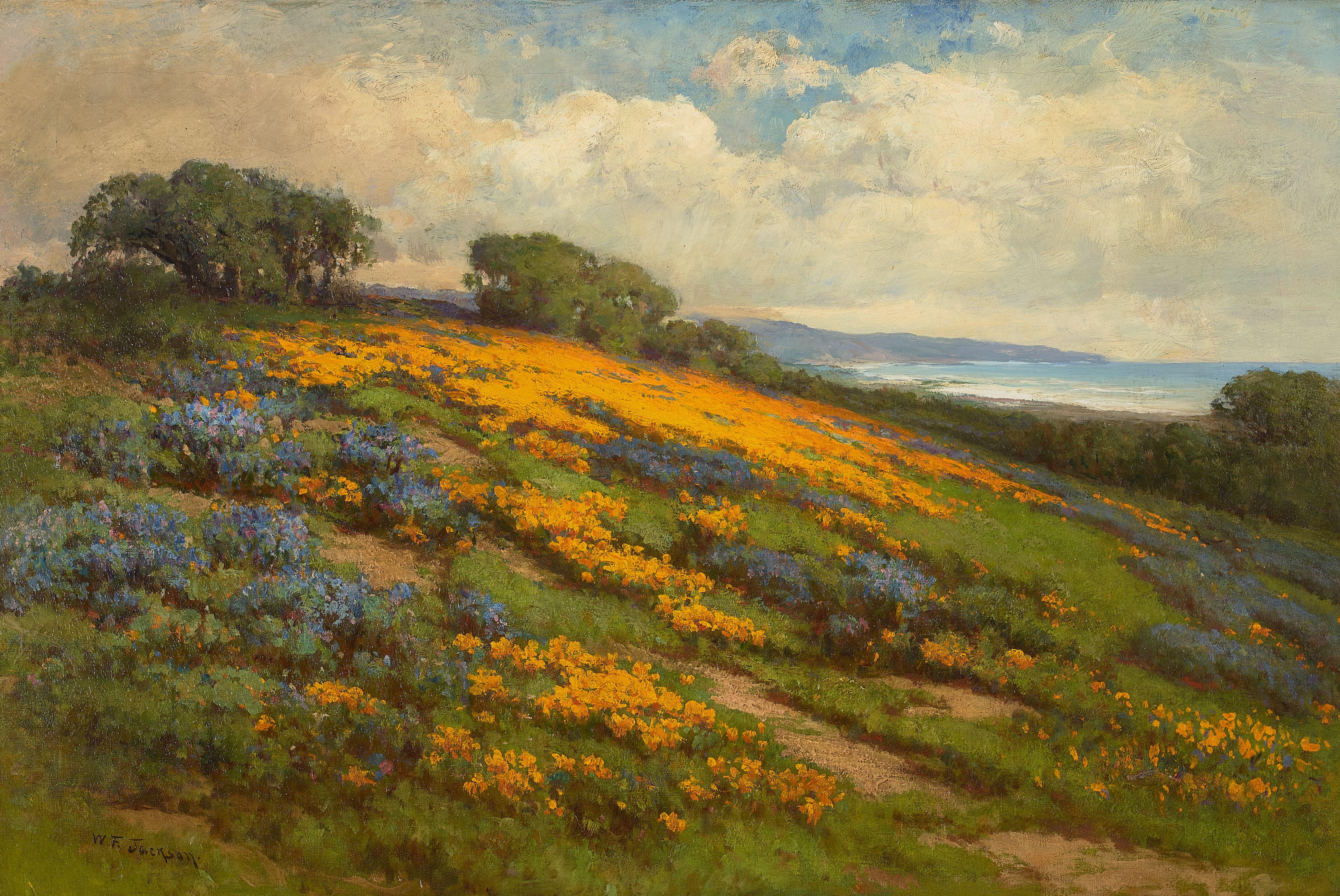 William Franklin Jackson - Poppies and Lupine (Near San Francisco Bay) 20 1/4 x 30 1/4 in. framed 25 1/2 x 35 1/2 in.