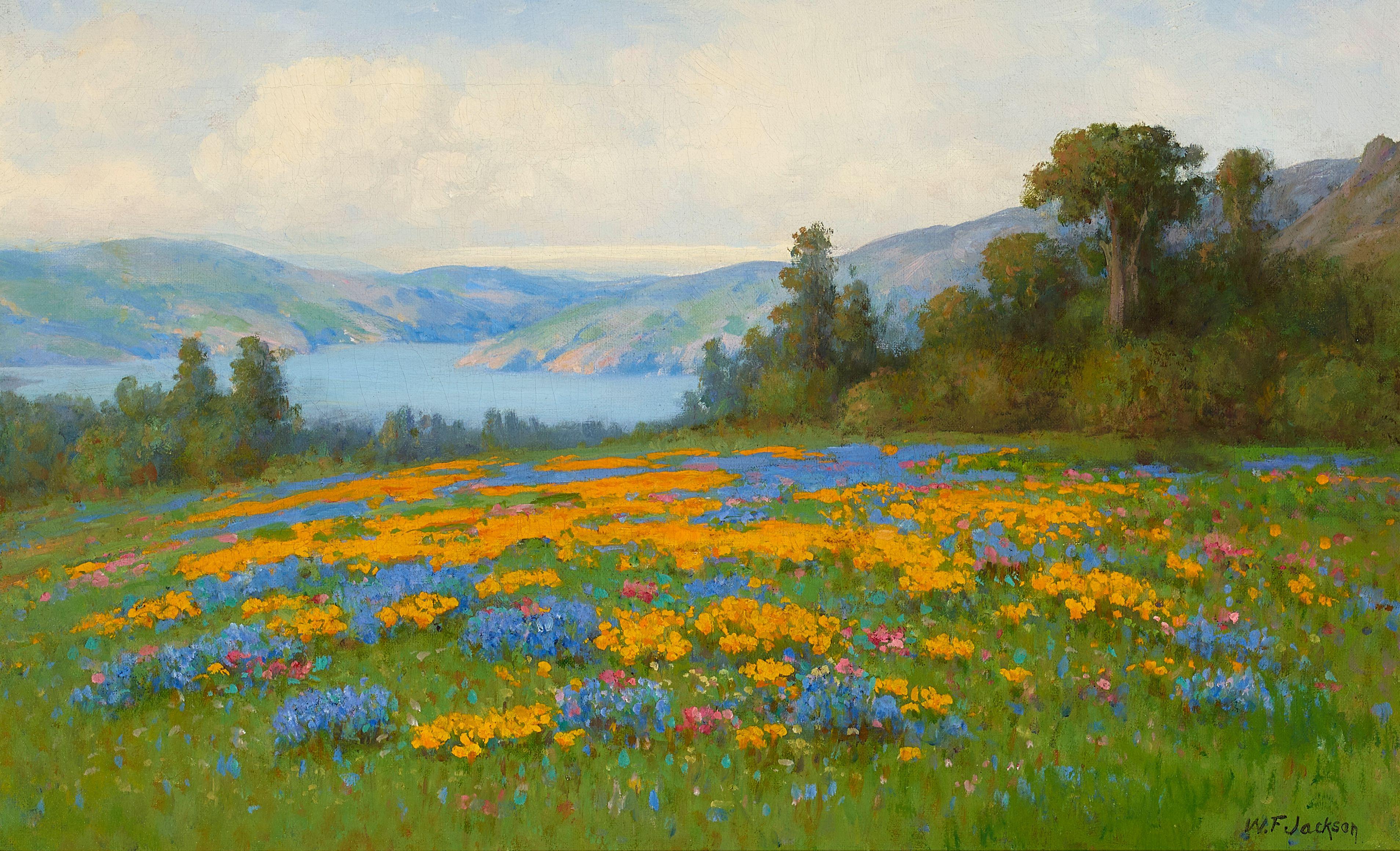 William Franklin Jackson - Wildflowers Overlooking a Lake 13 x 21 in. framed 20 x 28 in.