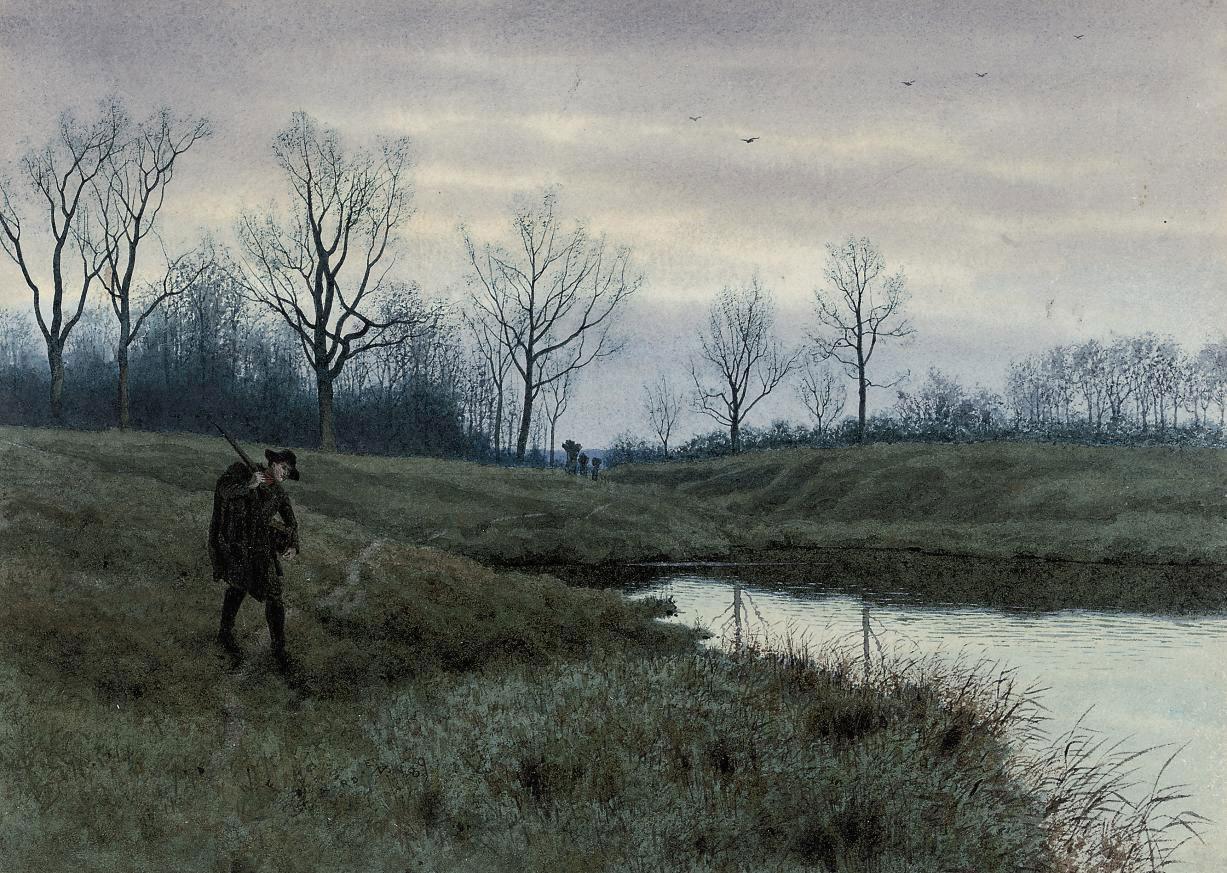 William Fraser Garden - The gamekeeper at dusk on a cold winter\'s day