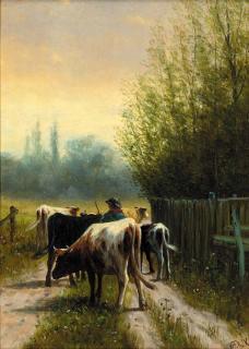 William Frederick Hulk - A drover herding cattle on a country track