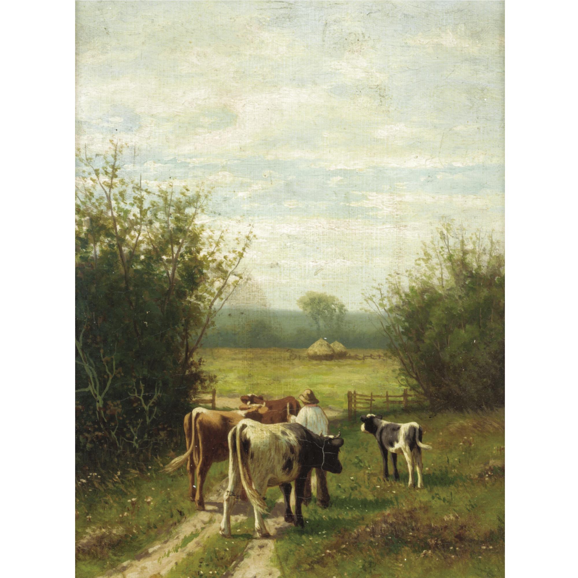 William Frederick Hulk - Herding Cattle; Watering By A Stream