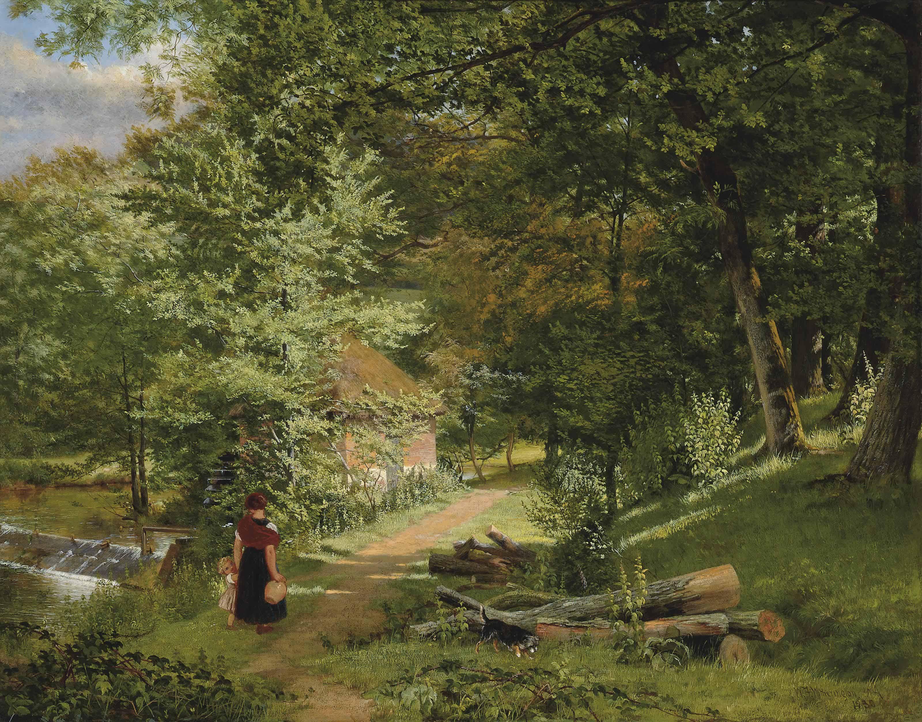 William Frederick Witherington, R.A. - A mother and child on a wooded path before a watermill