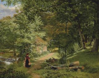 William Frederick Witherington, R.A. - A mother and child on a wooded path before a watermill