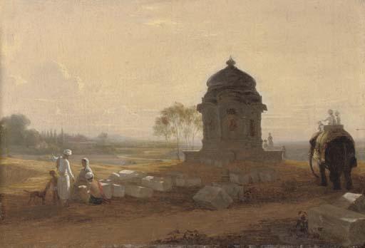 William Frederick Witherington, R.A. - Indian Landscape With A Monument, Figures And An Elephant In The Foreground