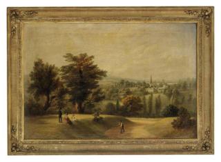 William Gill - Figures in an extensive wooded landscape, with a village beyond