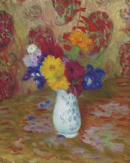 William Glackens - Flowers Against a Palm Leaf Pattern