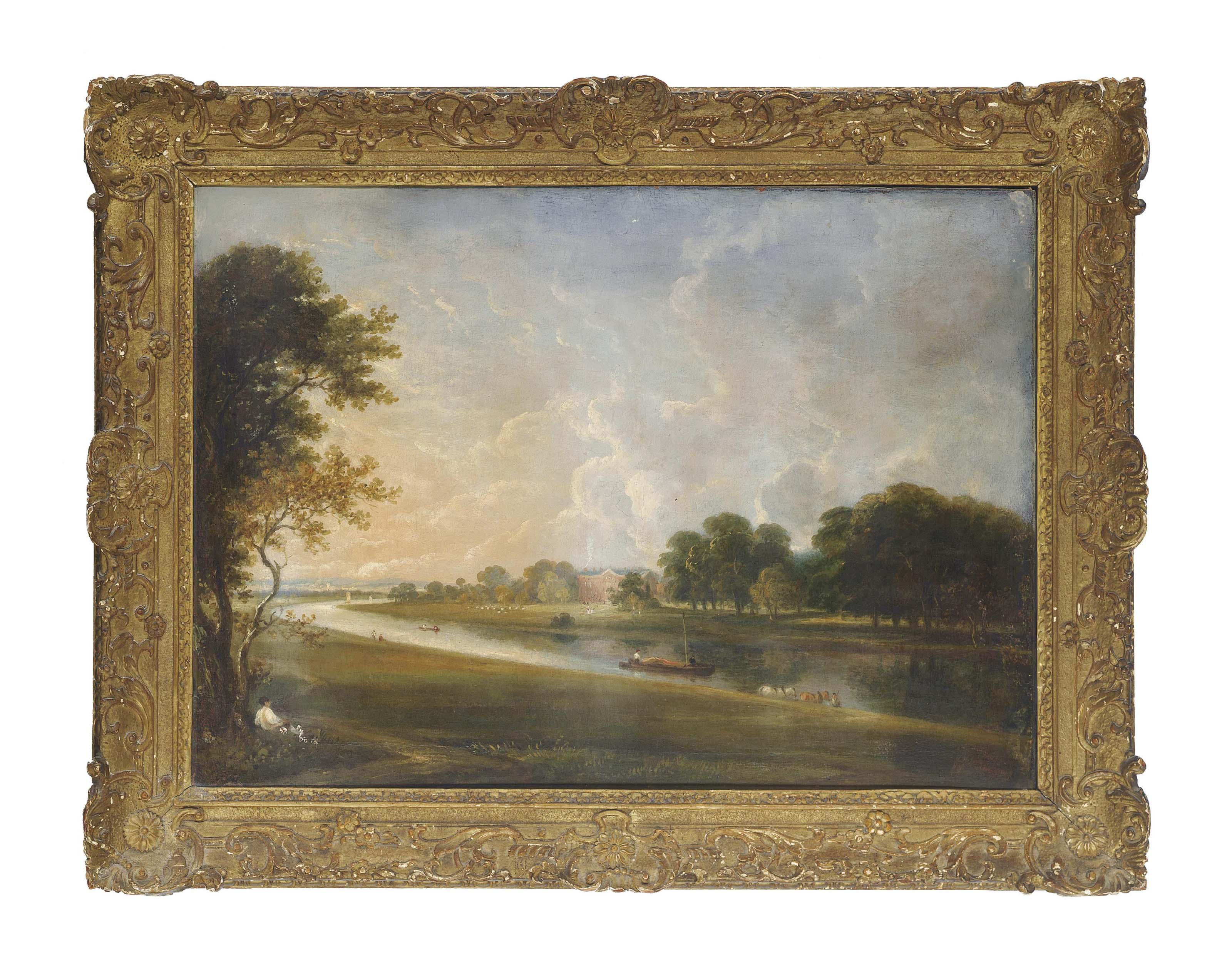 William Glover - An Irish mansion, boats in a river in the foreground