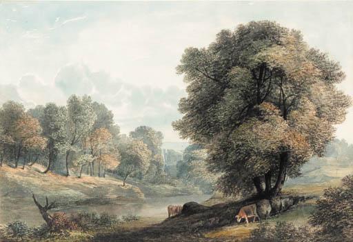 William Glover - Cattle on a the riverbank in a wooded landscape