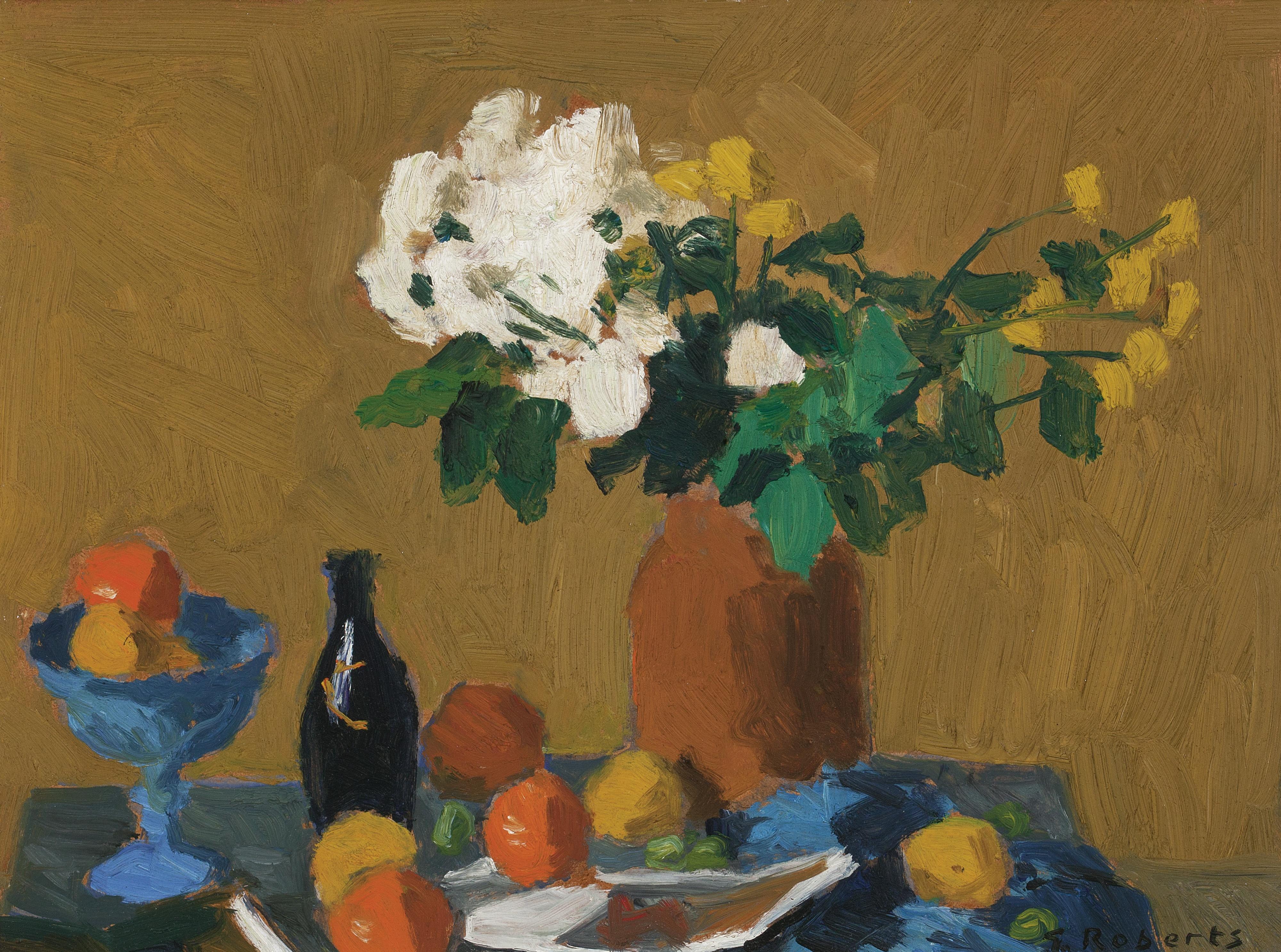 William Goodridge Roberts - Still Life With Fruit, Flowers And Blue Bottle