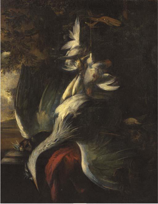 William Gouw Ferguson - Gamebirds by a plinth, in a wooded landscape