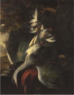 William Gouw Ferguson - Gamebirds by a plinth, in a wooded landscape