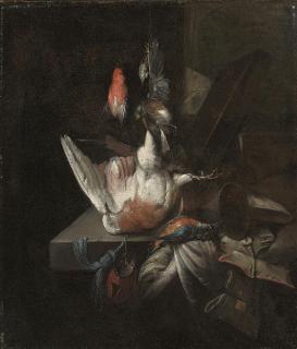 William Gouw Ferguson - Still life of a dead partridge and other birds, and implements of the chase on a draped stone ledge