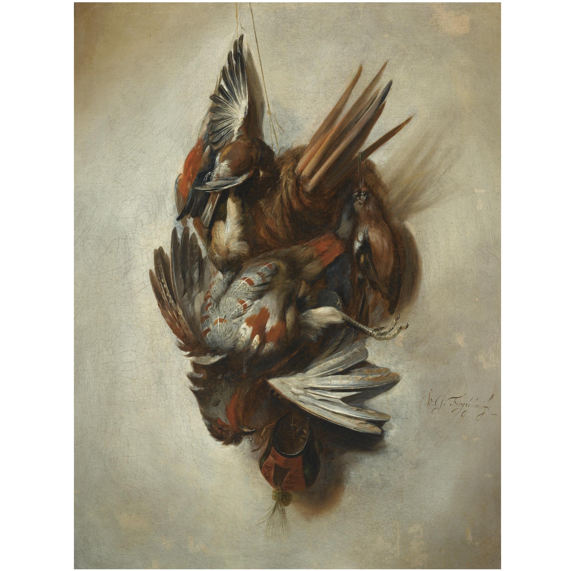 William Gowe Ferguson - A Falconry Still Life With A Dead Partridge, Songbirds, And Hunting Attributes Hanging On A Rope