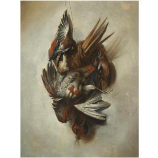 William Gowe Ferguson - A Falconry Still Life With A Dead Partridge, Songbirds, And Hunting Attributes Hanging On A Rope