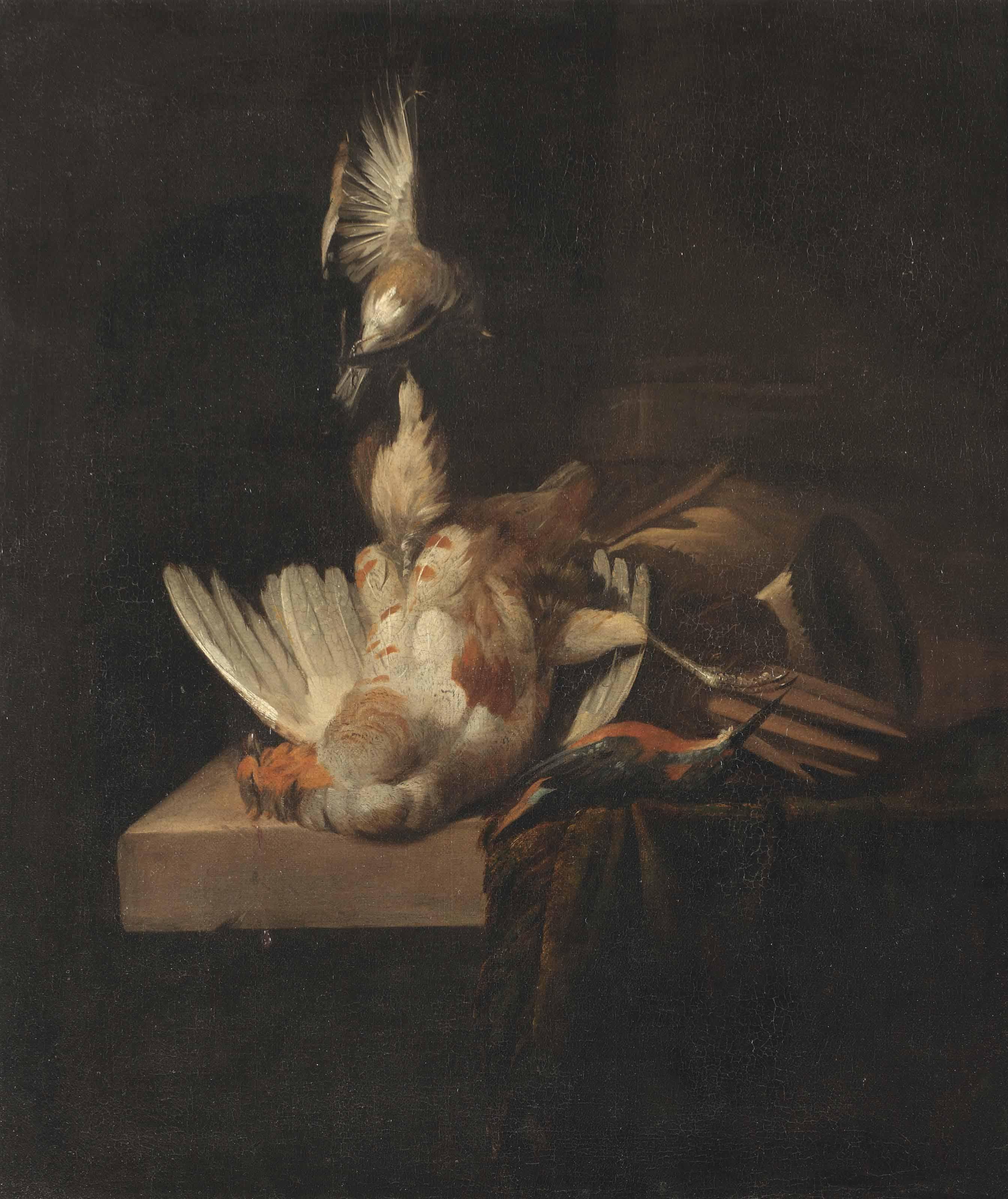 William Gowe Ferguson - A Finch Suspended From A Rope, A Partridge And A Kingfisher On A Partially Draped Stone Ledge
