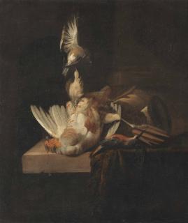 William Gowe Ferguson - A Finch Suspended From A Rope, A Partridge And A Kingfisher On A Partially Draped Stone Ledge