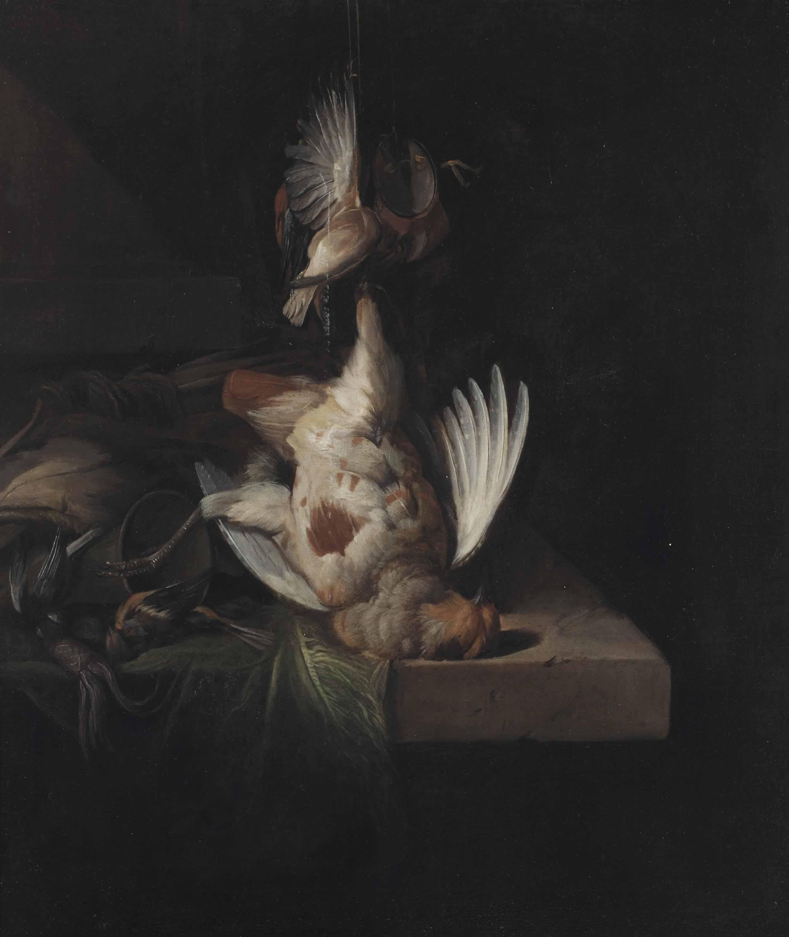 William Gowe Ferguson - A Partridge And Other Birds Suspended Over A Draped Stone Ledge Along With Hunting Paraphernalia And Small Birds