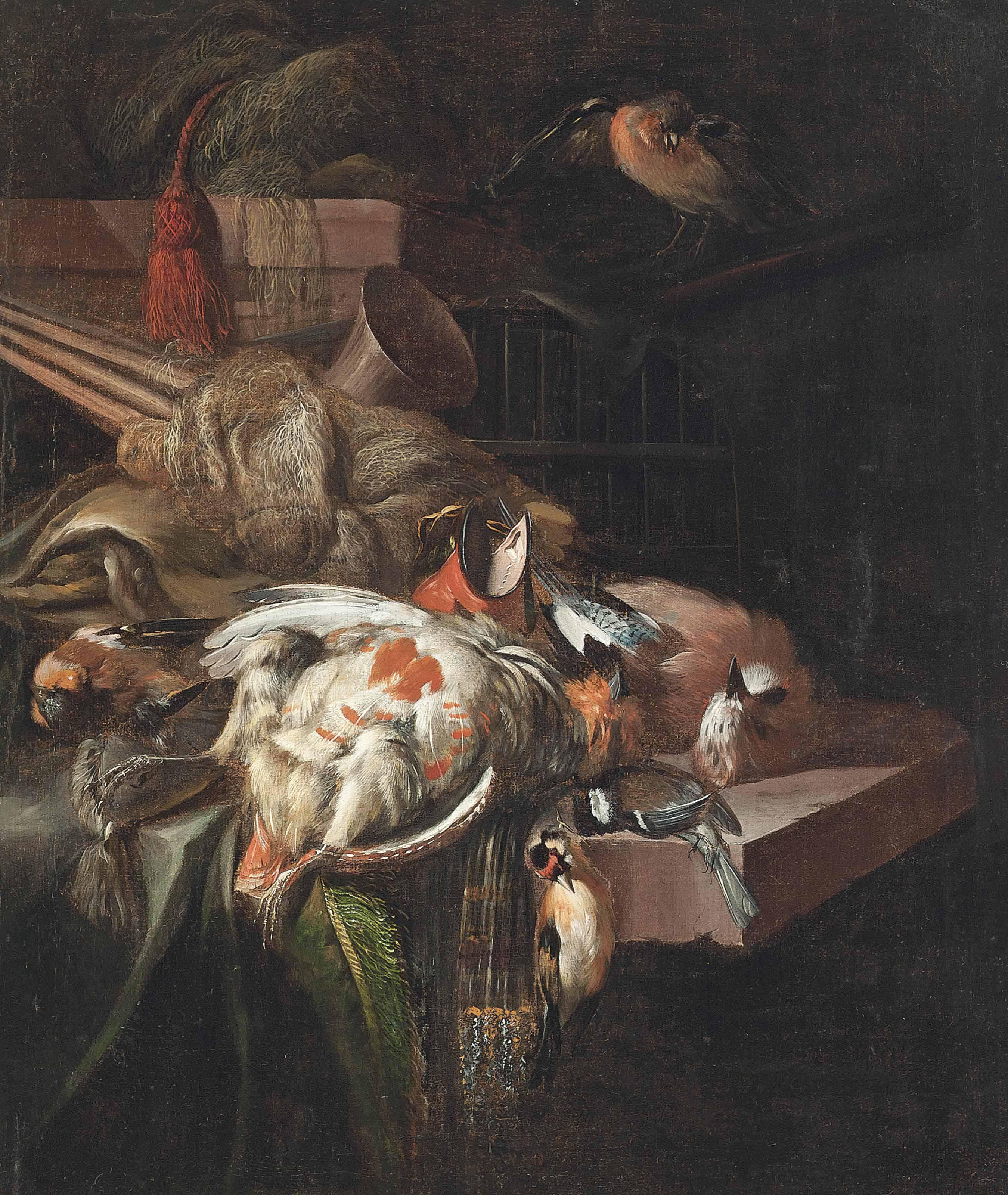 William Gowe Ferguson - A partridge, bullfinches and other birds, with hunting paraphernalia, on a partially draped stone ledge
