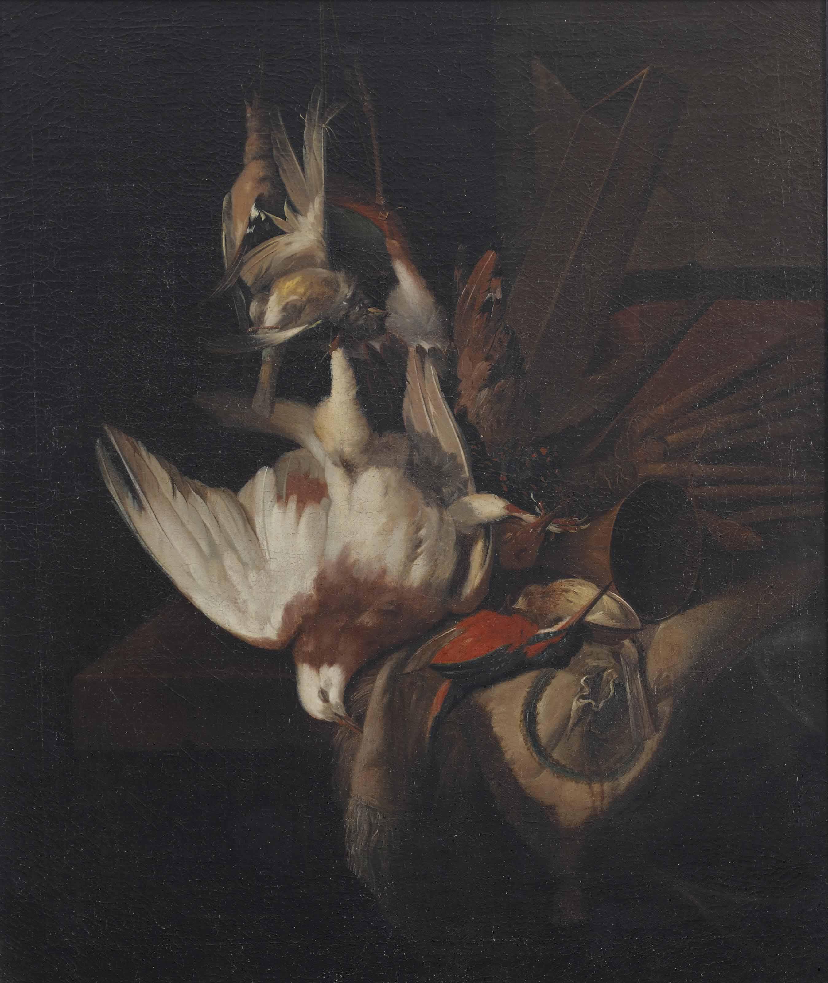 William Gowe Ferguson - A pigeon, a kingfisher, a woodpecker and various other birds hanging from a rope with hunting paraphernalia on a ledge