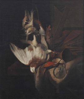 William Gowe Ferguson - A pigeon, a kingfisher, a woodpecker and various other birds hanging from a rope with hunting paraphernalia on a ledge