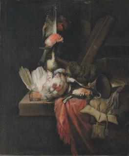 William Gowe Ferguson - Still life of a dead partridge and other birds, and implements of the chase on a draped stone ledge