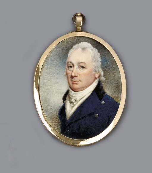 William Grimaldi - A young gentleman, seated in red-upholstered gilt-wood chair, facing right in green jacket with large covered buttons, tied cravat, powdered curling hair