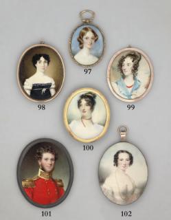 William Grimaldi - An unfinished portrait of a young lady, wearing a coral necklace, coral earring, pearl-mounted gold clasp in her upswept and curling dark hair; sky background